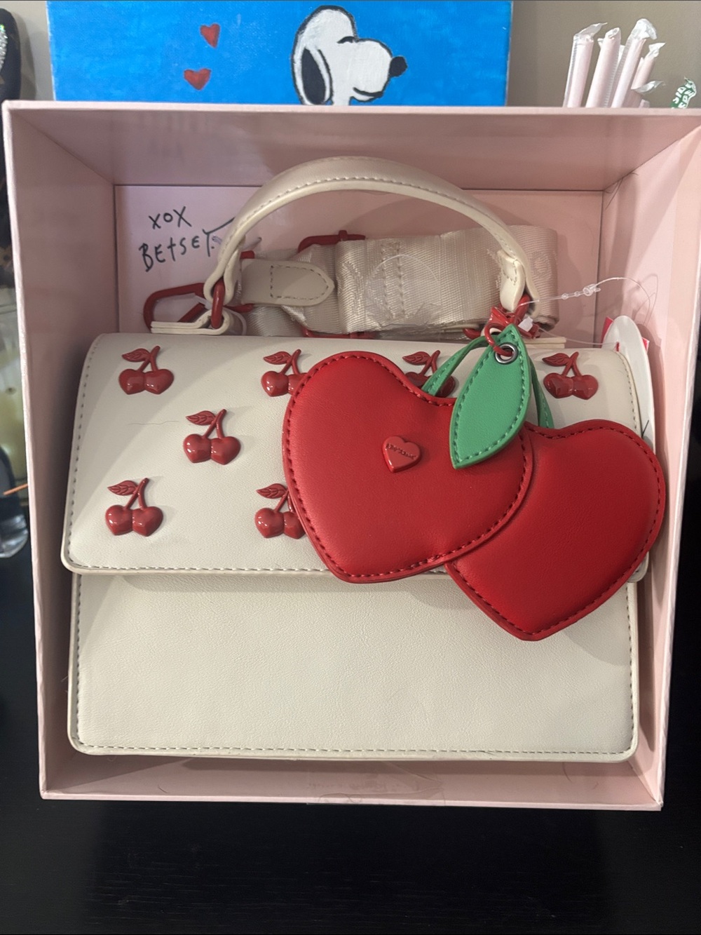 Betsey Johnson Cream Satchel with Red Cherry Studs and Red Heart Charm